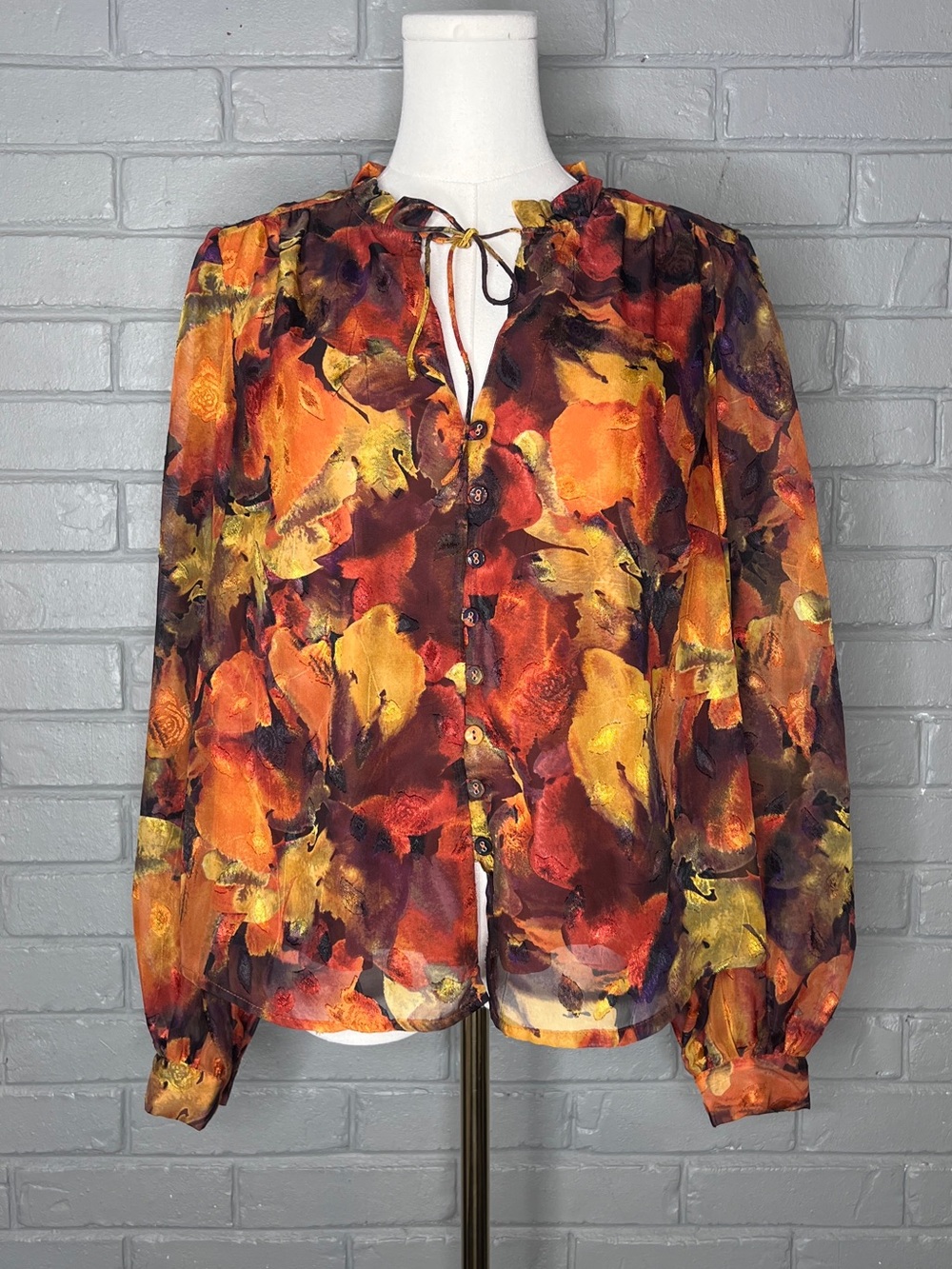 Lost + Wander Surreal Floral-Print Autumn Watercolor Tie-Neck Blouse Size Small
